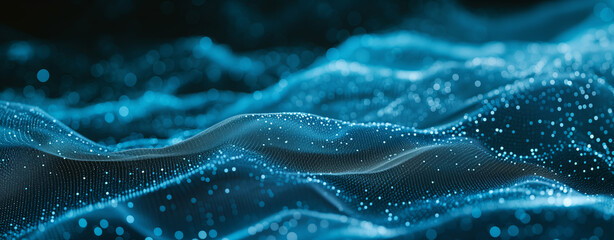 Abstract Digital Wave Particles and Bokeh Lights. A dynamic digital landscape of glowing wave particles with bokeh light effects, illustrating concepts of technology, data flow, and connectivity.