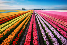 Vibrant Tulip Field In Spring, Rows Of Colorful Flowers, Natural Beauty