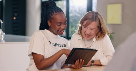 Poster - Volunteer, senior woman and teaching with tablet, search or website with smile, advice and click. African girl, elderly person and digital touchscreen with scroll, learning and app for social media