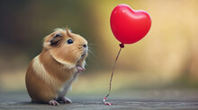 A Guinea Pig With A Tiny Heart-shaped Balloon Tied To Its Cage, Cute Animals, Valentine's Day, Dynamic And Dramatic Compositions, Blurred Background, With Copy Space