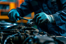 Auto Mechanic Repairing A Car Engine In Auto Repair Shop. Auto Service Industry.