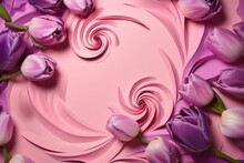 Aerial View Of Pink And Purple Tulips With Paper Swirl On Pink Background. Generative AI
