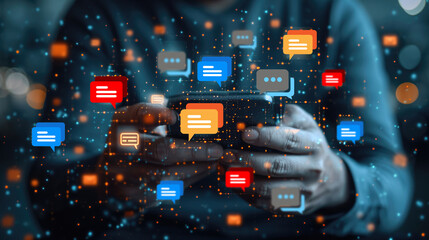 human hand using smartphone live chat and social network, conversation working at home in chat box i