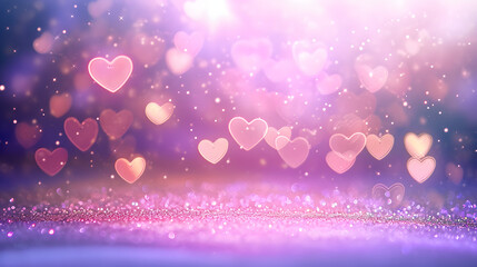 purple and pink glitter vintage lights background. defocused. hearts overlay