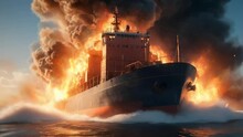 Fire In The Cargo Ship At War, Seamless Animation Video Background In 4K Resolution	