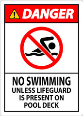 Poster - Danger Pool Sign No Swimming Unless Lifeguard Is Present On Pool Deck