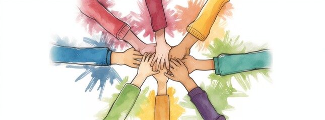 People of different skin color and ethnicity joining hands, fun cartoon illustration, agreement on white background with blue, red, orange, green, purple, yellow colors, alliance to achieve a goal