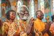 African Old Man Praying in Church Eyes Closed. Black Priest Praying in a Church. Religious Concept.