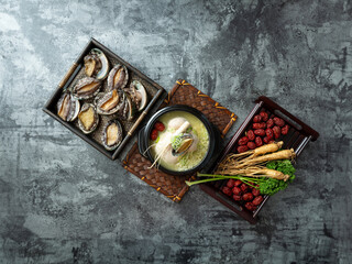 Poster - samgyetang, chicken soup with ginseng, Samgyetang ingredients	