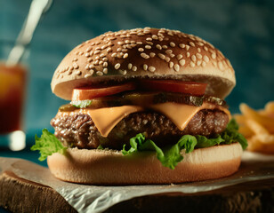 Delicious Homemade Cheeseburger on Rustic Wooden Background