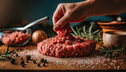 Wall Mural - Freshly minced ground beef on a wooden table