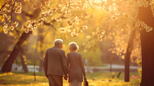 Rear View Of Happy Elderly Couple Walking In Spring Park