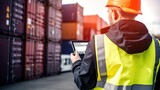 A male worker using a tablet works in a seaport container yard warehouse. Container warehouse inspection. Freight transport Import and export. Logistics business for the delivery of goods by sea.