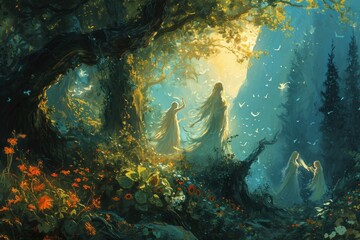 Wall Mural - harmonious nature spirits, singing melodies that heal and rejuvenate the earth - generative ai