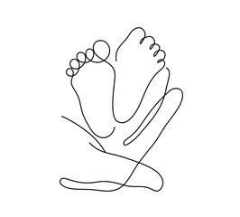 Wall Mural - Vector isolated two pair baby foots in hand one single contemporary line art colorless black and white contour line easy drawing