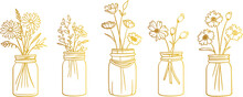 Flowers In Jar Set Line Art Vector Illustration, Botanical Sketch Outline, Floral Arrangement Clipart, Vintage Flower Vase Drawing