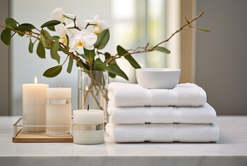 Wall Mural - Close-up of spa products arranged on a white table in a bathroom, creating an inviting atmosphere for beauty treatment.