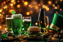 St Patrick's Holiday Party Invitation, Irish St Patrick's Day Beer, Ale Glasses, Snacks, Appetizer, Green Burger And French Fries