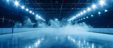 Fototapeta Sport - Ice Rink Background. Professional Arena illuminated neon lights, spotlights with smoke. Copyspace. Winter poster for hockey competitions. Ice skating. Stadium. Generative ai
