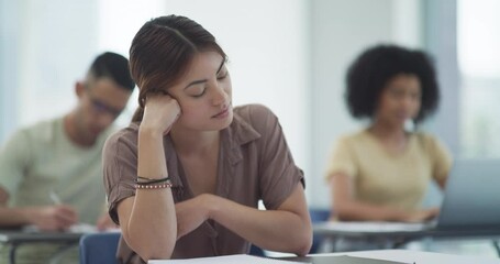 Wall Mural - Tired, student or sleeping in classroom with burnout, stress or depression with low energy for college. Fatigue, lazy woman or exhausted school learner in nap at desk for resting in university lesson