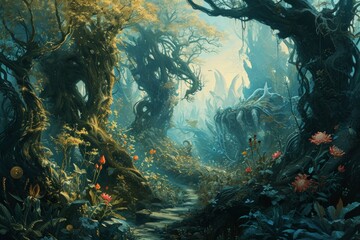 Canvas Print - Enchanted dream gardens, blooming with fantastical flora and magical creatures - Generative AI