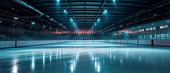 Wall Mural - Ice Rink Background. Professional Arena illuminated neon lights, spotlights with smoke. Copyspace. Winter poster for hockey competitions. Ice skating. Stadium. Generative ai