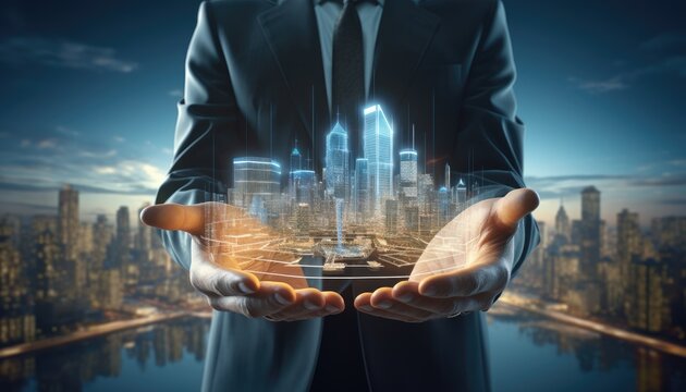 a businessman holding a holographic architectural cityscape in the palm of his hand, depicting a fut