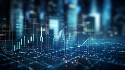 Business analyst examining financial data and stock market trends on blue graphs and charts