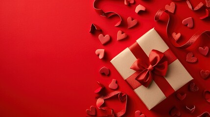 Wall Mural - Present with satin red ribbon on red background top view - AI Generated