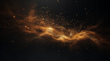 Fototapeta Kosmos - Particules scintillantes et brillantes volant sur fond sombre, noir. Lumière orangée, étoile, paillette dorée et flou. Cosmos, univers, espace. Fond pour bannière, conception et création graphique.	