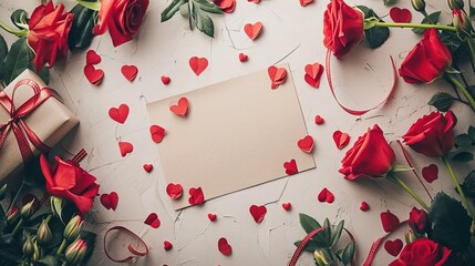 Wall Mural - Empty paper sheet on white background with decorative hearts and roses for Valentines Day - AI Generated