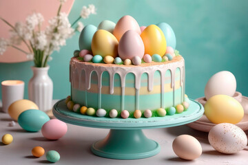 Wall Mural - Homemade cake with frosting and colored sugar eggs for Easter.
