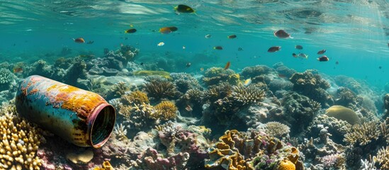 Wall Mural - Dumped beverage container contaminating vibrant coral reef.