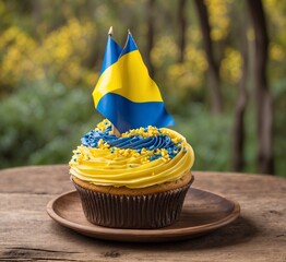 Cupcake with flag of Ukraine on wooden table in the garden