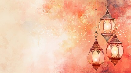 Wall Mural - Arabic Lantern in Peach Fuzz watercolor for ramadan background - AI Generated Abstract Art