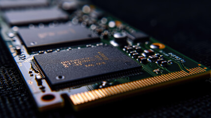 close-up of computer ram (random access memory) module on black background