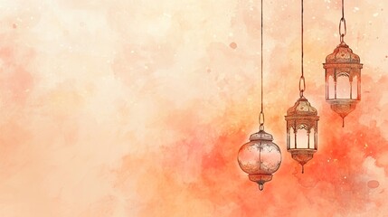 Wall Mural - arabic lanterns water color in Peach Fuzz color trend of the Year 2024 with copy space - AI Generated Abstract Art