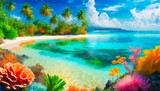 Fototapeta Do akwarium - a breathtaking painting of a paradise on earth depicting a lush tropical island teeming with vibrant coral reefs 