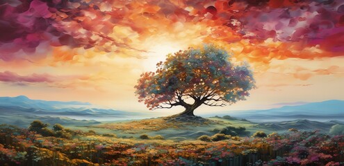 a large tree with sunlight against a cloudy sky