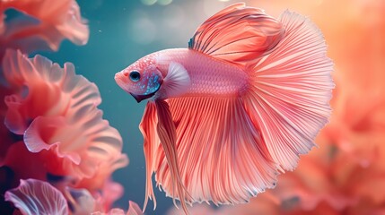 Wall Mural - Little fish of siamese fighting fish in Peach Fuzz color trend 2024 - AI Generated