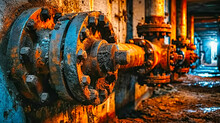 Industrial Background With Rusty Pipes And Machinery, Representing Aged And Vintage Manufacturing Technology.