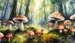 watercolour mushrooms in the mystery forest