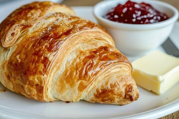 Wall Mural - Breakfast Delicacy - A Close-Up of a Flaky Croissant with Butter and Jam