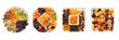 Set of dried fruits on square plate top view isolated on a transparent background
