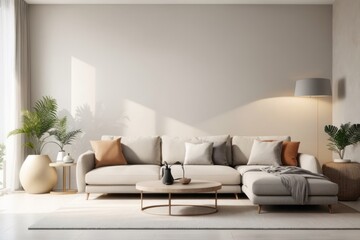 Interior home design of modern living room with gray sofa and round table with blank beige stucco wall mockup