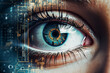 Nahaufnahme eines Auges mit futuristischer Technologie, Cybernetik, Konzept Augmented Reality und vernetzte Welt