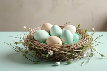 Easter still life with eggs in a nest and spring fresh flowers.
