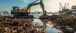 Large dredging excavators take out soil in the port area