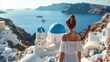 © Amonthep - Carefree girl tourist in European destination wearing white fashion dress, Santorini, Greece island.Santorini travel tourist woman on vacation in Oia walking on stairs in summer,Europe travel vacation