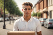 © SD Danver - Handsome postman with cardboard box in hand, blurred city street background. Delivery service advertising banner. American cargo service